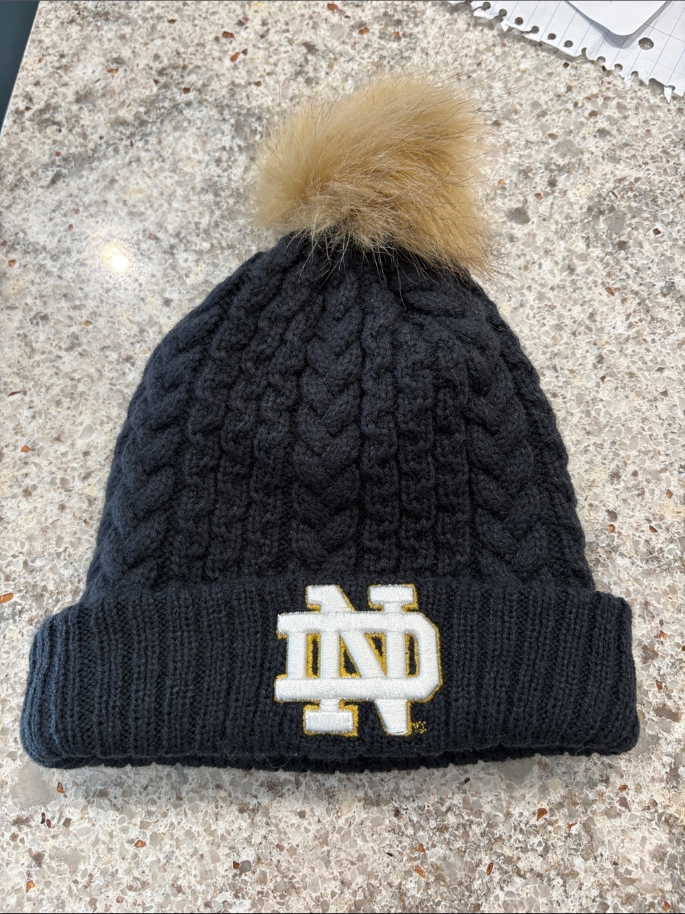 Source Unknown Black Cable-Knit Beanie with Tan Faux-Fur Pom